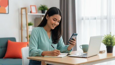 Perempuan Gen Z mengatur budget via smartphone banking sambil menulis tujuan, wajah lega, atasi cemas finansial usia 20-an