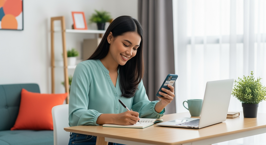 Perempuan Gen Z mengatur budget via smartphone banking sambil menulis tujuan, wajah lega, atasi cemas finansial usia 20-an